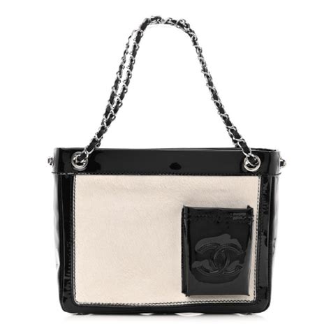 CHANEL Patent Pony Hair Small Pocket Tote Black White 